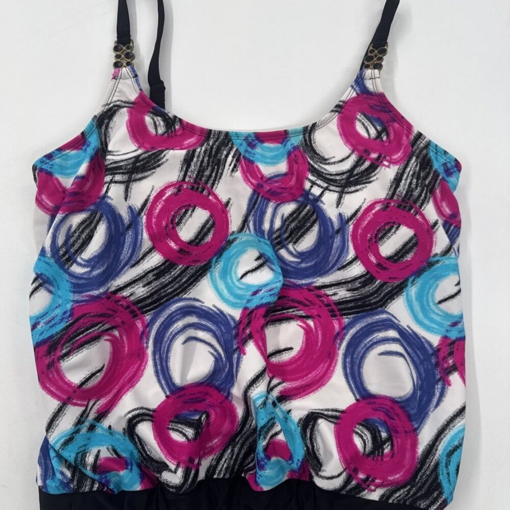 Catalina Strappy Tankini Swim Top Womens Large Geometric Colorful Bubble Hem